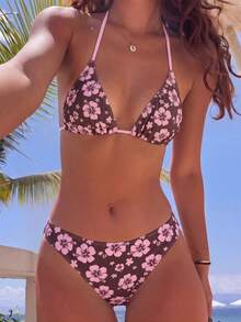 SHEIN Swim 女款夏季海灘度假花卉印花掛脖比基尼套裝，附外罩衫與短褲，隨機印花，3件套，粉色與棕色熱帶性感風 - 彩色 - 查看 5