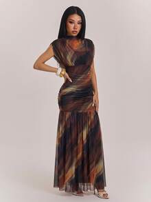 SHEIN PETITE فستان صيفي أنيق وعصري متعدد الألوان بطبعة أسلوب الألوان المائية للنساء الصغيرات. - متعدد الألوان - مشاهدة 6