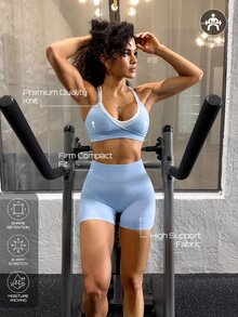 Solea Cove Blue 2 Pieces Faux Set, 2 In 1 Double Strap V-Neck Sports Tank Top + High Waist Butt-Lifting Tight Shorts - Baby Blue - View 1