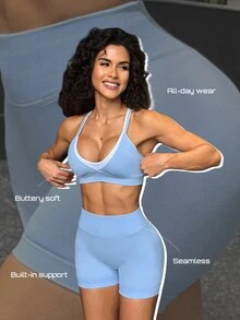 Solea Cove Blue 2 Pieces Faux Set, 2 In 1 Double Strap V-Neck Sports Tank Top + High Waist Butt-Lifting Tight Shorts - Baby Blue - View 9