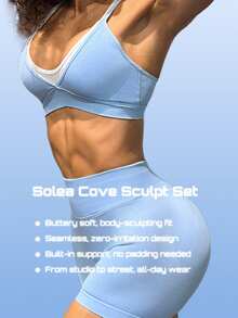 Solea Cove Blue 2 Pieces Faux Set, 2 In 1 Double Strap V-Neck Sports Tank Top + High Waist Butt-Lifting Tight Shorts - Baby Blue - View 10