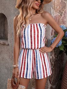 SHEIN Swim 夏季泳裝新款 日優雅極簡休閒波希米亞鄉村風女款多色條紋海灘度假荷葉邊抹胸連身褲外罩衫，女款優雅連身褲，女款復活節、感恩節、母親節連身褲，女款多色連身褲，適合夏季海灘、通勤、音樂節、夜店、婚禮、週末、野餐 - 彩色 - 查看 6