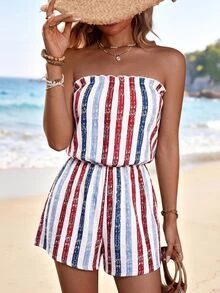 SHEIN Swim 夏季泳裝新款 日優雅極簡休閒波希米亞鄉村風女款多色條紋海灘度假荷葉邊抹胸連身褲外罩衫，女款優雅連身褲，女款復活節、感恩節、母親節連身褲，女款多色連身褲，適合夏季海灘、通勤、音樂節、夜店、婚禮、週末、野餐 - 彩色 - 查看 5
