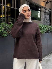DAZY Women's Autumn/Winter Round Neck Deep Coffee Solid Color All-Match Loose Drop Shoulder Minimalist Versatile Casual Commute Daily Sweater - Brown - View 4