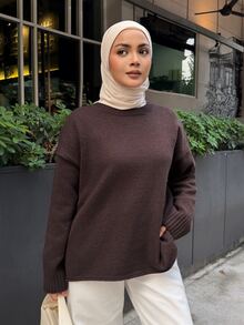 DAZY Women's Autumn/Winter Round Neck Deep Coffee Solid Color All-Match Loose Drop Shoulder Minimalist Versatile Casual Commute Daily Sweater - Brown - View 6
