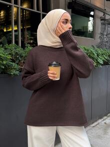 DAZY Women's Autumn/Winter Round Neck Deep Coffee Solid Color All-Match Loose Drop Shoulder Minimalist Versatile Casual Commute Daily Sweater - Brown - View 1