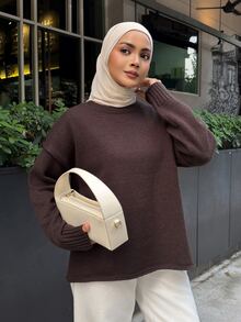 DAZY Women's Autumn/Winter Round Neck Deep Coffee Solid Color All-Match Loose Drop Shoulder Minimalist Versatile Casual Commute Daily Sweater - Brown - View 5