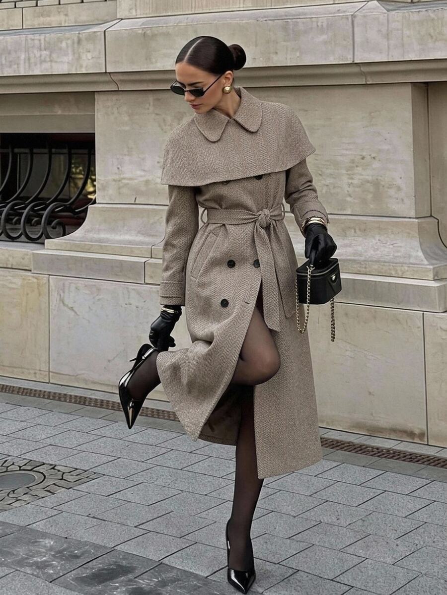 Firerie Women's Business Commute Trench Coat With Double-Breasted Buttons And A Belt At The Waist - Autumn/Winter Mid-Length - Khaki - View 1