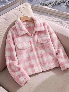SHEIN Tween Girls Plush Thermal Kids Lined Thick Plaid Simple Jacket Coat, Autumn/Winter/All Season Wear - Pink - View 3