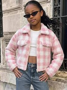 SHEIN Tween Girls Plush Thermal Kids Lined Thick Plaid Simple Jacket Coat, Autumn/Winter/All Season Wear - Pink - View 5