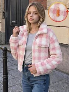 SHEIN Tween Girls Plush Thermal Kids Lined Thick Plaid Simple Jacket Coat, Autumn/Winter/All Season Wear - Pink - View 6