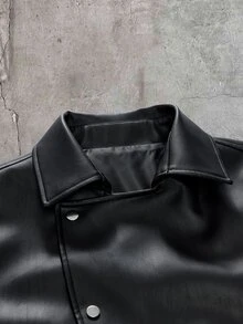 FeverCity Men's Solid Color PU Leather Casual Versatile Daily Jacket - Black - View 5