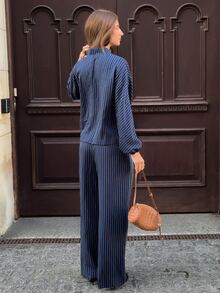 Siren Gaze Autumn/Winter New Navy Blue Striped Frog Button Jacket And Pants Set For Women Brunch Party Elegant Retro 70s - Navy Blue - View 2