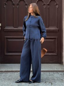 Siren Gaze Autumn/Winter New Navy Blue Striped Frog Button Jacket And Pants Set For Women Brunch Party Elegant Retro 70s - Navy Blue - View 6