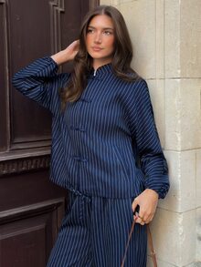 Siren Gaze Autumn/Winter New Navy Blue Striped Frog Button Jacket And Pants Set For Women Brunch Party Elegant Retro 70s - Navy Blue - View 5
