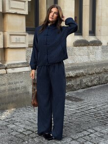 Siren Gaze Autumn/Winter New Navy Blue Striped Frog Button Jacket And Pants Set For Women Brunch Party Elegant Retro 70s - Navy Blue - View 3
