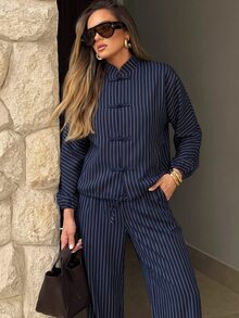 Siren Gaze Autumn/Winter New Navy Blue Striped Frog Button Jacket And Pants Set For Women Brunch Party Elegant Retro 70s - Navy Blue - View 9