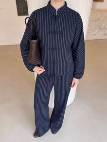 Siren Gaze Autumn/Winter New Navy Blue Striped Frog Button Jacket And Pants Set For Women Brunch Party Elegant Retro 70s - Navy Blue - View 8