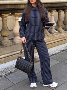 Siren Gaze Autumn/Winter New Navy Blue Striped Frog Button Jacket And Pants Set For Women Brunch Party Elegant Retro 70s - Navy Blue - View 1