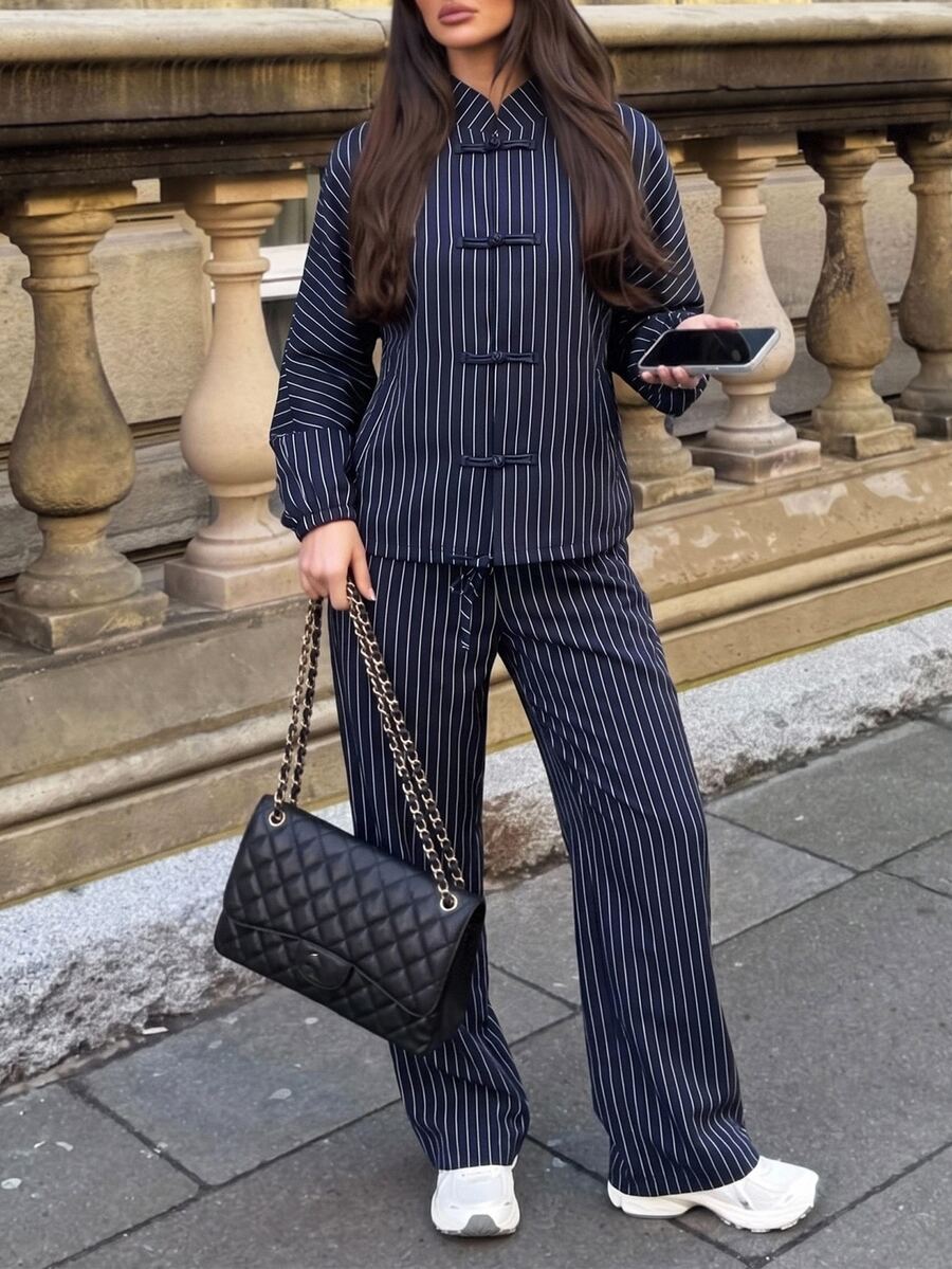Siren Gaze Autumn/Winter New Navy Blue Striped Frog Button Jacket And Pants Set For Women Brunch Party Elegant Retro 70s - Navy Blue - View 1