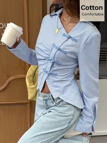 Siren Gaze Autumn/Winter New Pure Cotton Blue And White Stripe Striped New Chinese Style Frog Button Shirt For Women Brunch Office French Elegant - Blue and White - View 4