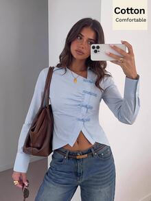Siren Gaze Autumn/Winter New Pure Cotton Blue And White Stripe Striped New Chinese Style Frog Button Shirt For Women Brunch Office French Elegant - Blue and White - View 9