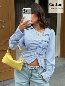 Siren Gaze Autumn/Winter New Pure Cotton Blue And White Stripe Striped New Chinese Style Frog Button Shirt For Women Brunch Office French Elegant - Blue and White - View 5