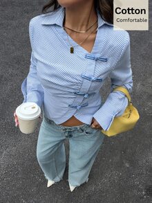 Siren Gaze Autumn/Winter New Pure Cotton Blue And White Stripe Striped New Chinese Style Frog Button Shirt For Women Brunch Office French Elegant - Blue and White - View 7