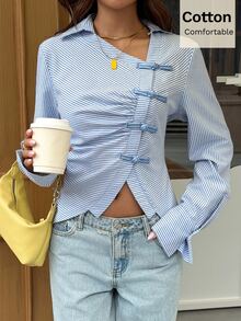 Siren Gaze Autumn/Winter New Pure Cotton Blue And White Stripe Striped New Chinese Style Frog Button Shirt For Women Brunch Office French Elegant - Blue and White - View 3