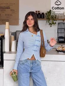 Siren Gaze Autumn/Winter New Pure Cotton Blue And White Stripe Striped New Chinese Style Frog Button Shirt For Women Brunch Office French Elegant - Blue and White - View 10