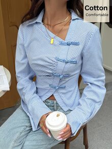 Siren Gaze Autumn/Winter New Pure Cotton Blue And White Stripe Striped New Chinese Style Frog Button Shirt For Women Brunch Office French Elegant - Blue and White - View 6