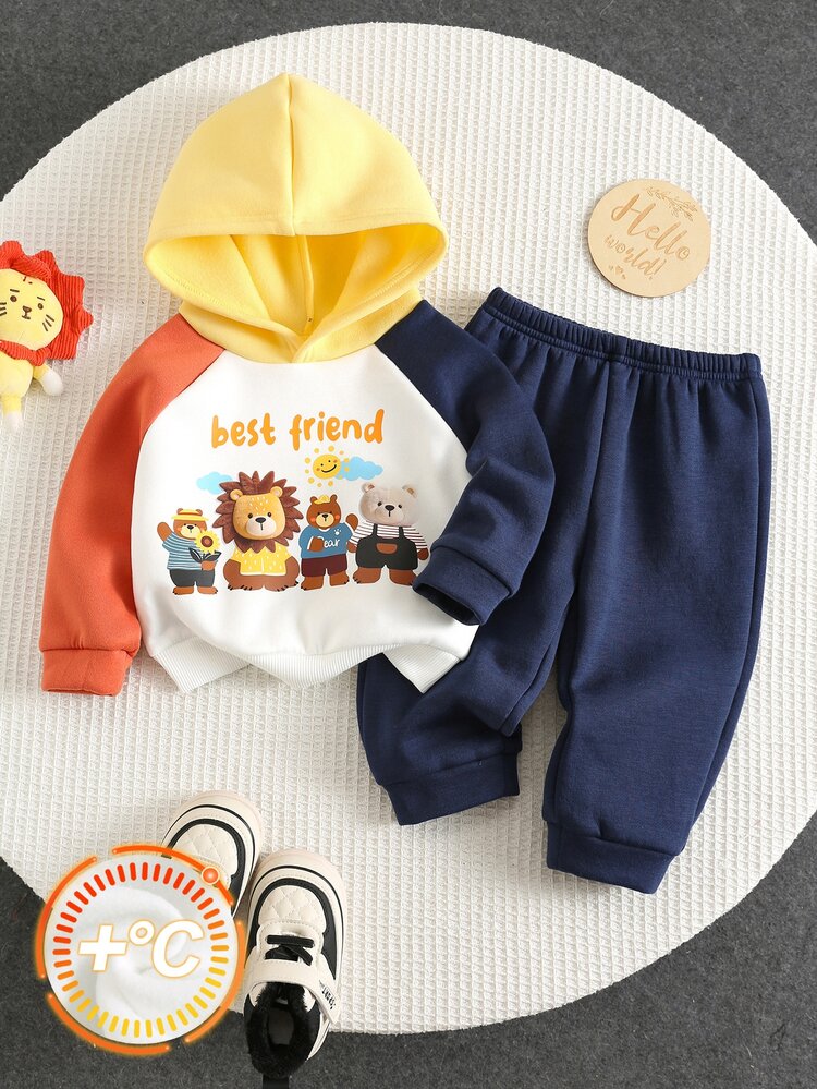 SHEIN Baby Boy Autumn/Winter Thermal Lined Thick Hooded Sweatshirt Set, Suitable For Holiday Outings - Multicolor - View 3