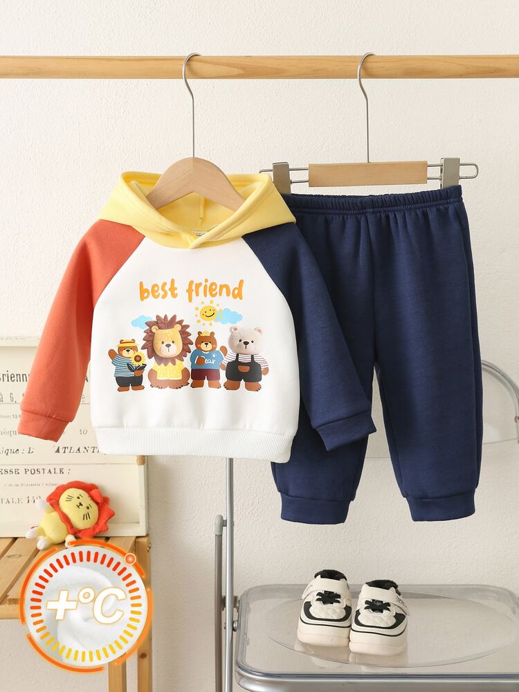 SHEIN Baby Boy Autumn/Winter Thermal Lined Thick Hooded Sweatshirt Set, Suitable For Holiday Outings - Multicolor - View 5