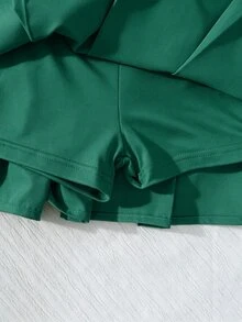 SHEIN Sparklyn 女童百褶高腰裙褲，內建短褲 2 合 1 裙褲，海軍藍，夏季休閒網球風，開學季適用，四季百搭 - 綠色 - 查看 3