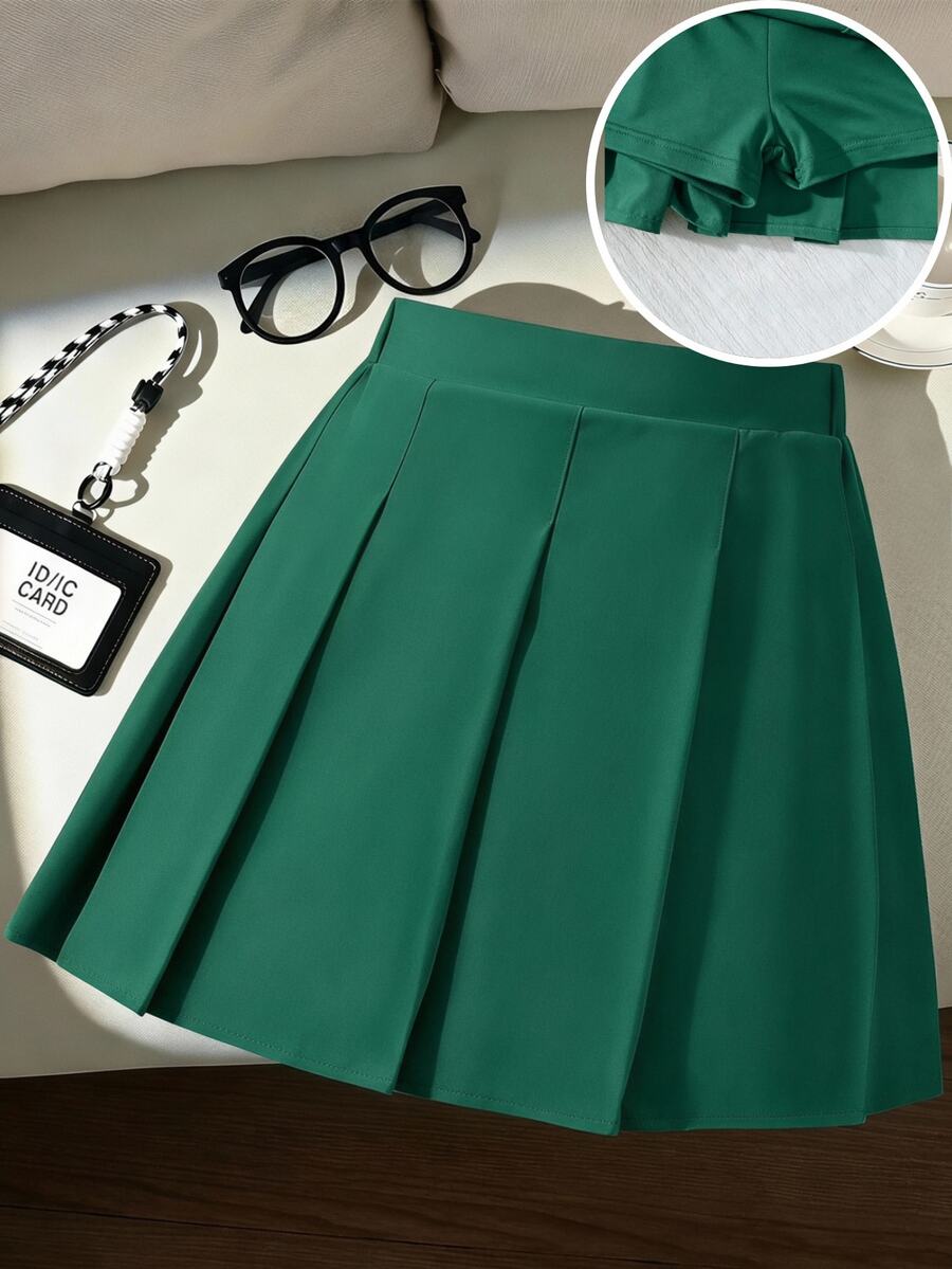 SHEIN Sparklyn 女童百褶高腰裙褲,內建短褲 2 合 1 裙褲,海軍藍,夏季休閒網球風,開學季適用,四季百搭 - 綠色 - 查看 1