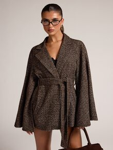 SHEIN BAE 女款時尚優雅長袖翻領大衣 - 咖啡棕 - 查看 1