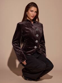 SHEIN BAE Women's Metal Single-Breasted Long Sleeve Fitted Elegant Jacket - Red Violet - View 3