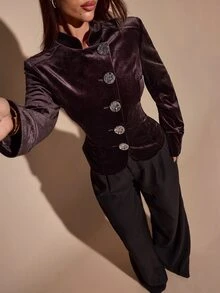 SHEIN BAE Women's Metal Single-Breasted Long Sleeve Fitted Elegant Jacket - Red Violet - View 6