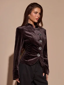 SHEIN BAE Women's Metal Single-Breasted Long Sleeve Fitted Elegant Jacket - Red Violet - View 5