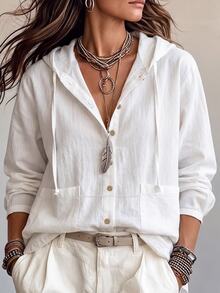 SHEIN CURVE+ Plus Size Women's White Casual Versatile Semi-Transparent Hooded Short Jacket With Drawstring And Roll-Up Long Sleeves, New Autumn/Winter Style Fall - White - View 6