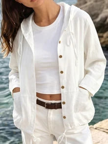 SHEIN CURVE+ Plus Size Women's White Casual Versatile Semi-Transparent Hooded Short Jacket With Drawstring And Roll-Up Long Sleeves, New Autumn/Winter Style Fall - White - View 4