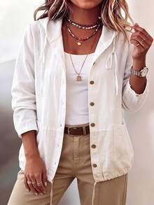SHEIN CURVE+ Plus Size Women's White Casual Versatile Semi-Transparent Hooded Short Jacket With Drawstring And Roll-Up Long Sleeves, New Autumn/Winter Style Fall - White - View 5