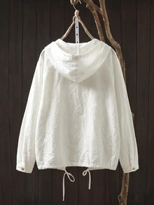 SHEIN CURVE+ Plus Size Women's White Casual Versatile Semi-Transparent Hooded Short Jacket With Drawstring And Roll-Up Long Sleeves, New Autumn/Winter Style Fall - White - View 2