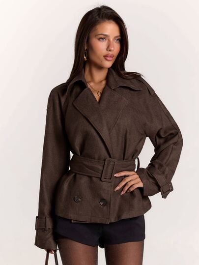 SHEIN BAE Women's Autumn/Winter Dark Brown Twill Long Sleeve Coat, Commuter Chic Outfit, All-Match Versatile Autumn/Winter Wear
