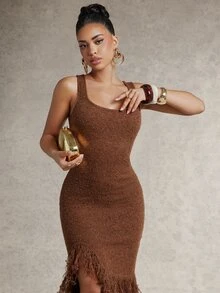 Silquee Women's Coffee Brown Slim-Fit Casual Boho Sexy Knit Dress With Square Neck And Tassel Detail (Fall/ Style) Elegant Formal Going Out Night Out - Camel - View 6