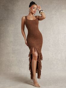 Silquee Women's Coffee Brown Slim-Fit Casual Boho Sexy Knit Dress With Square Neck And Tassel Detail (Fall/ Style) Elegant Formal Going Out Night Out - Camel - View 8