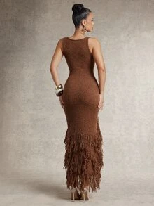 Silquee Women's Coffee Brown Slim-Fit Casual Boho Sexy Knit Dress With Square Neck And Tassel Detail (Fall/ Style) Elegant Formal Going Out Night Out - Camel - View 3