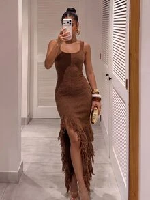 Silquee Women's Coffee Brown Slim-Fit Casual Boho Sexy Knit Dress With Square Neck And Tassel Detail (Fall/ Style) Elegant Formal Going Out Night Out - Camel - View 4