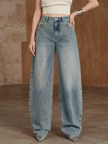 Anewsta Women's Washed Blue Rhinestone Embellished Fashion Jeans - Blue - View 5