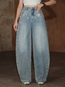 Anewsta Women's Washed Blue Rhinestone Embellished Fashion Jeans - Blue - View 2